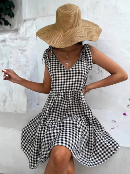 Women's Gingham Tie Shoulder Tiered Mini Dress - Mini Dresses