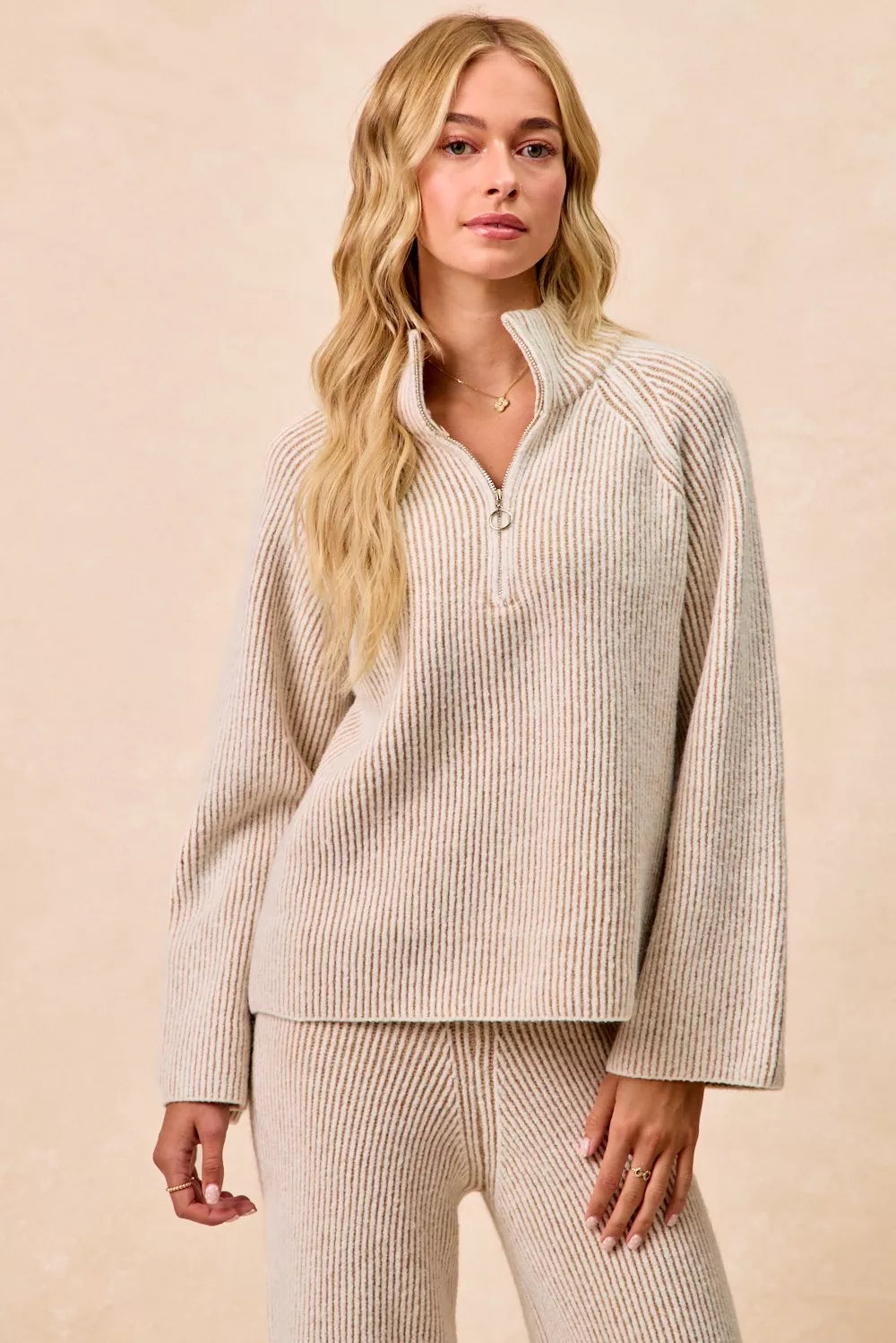 Two Tone Ribbed Knit Collared Zip Up Sweater | Trendy Sweaters Outfit Idea for Women by Ro + Ivy | Elevated Basics, Modern Comfort & Style