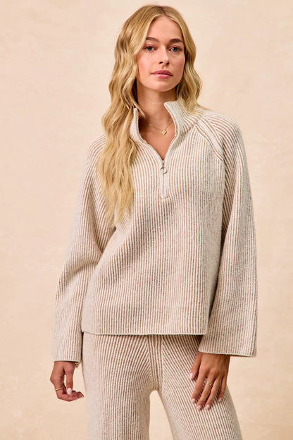 Two Tone Ribbed Knit Collared Zip Up Sweater | Trendy Sweaters Outfit Idea for Women by Ro + Ivy | Elevated Basics, Modern Comfort & Style