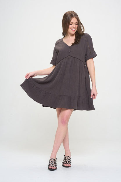 Textured Short Sleeve Button Down Knee Length Dress