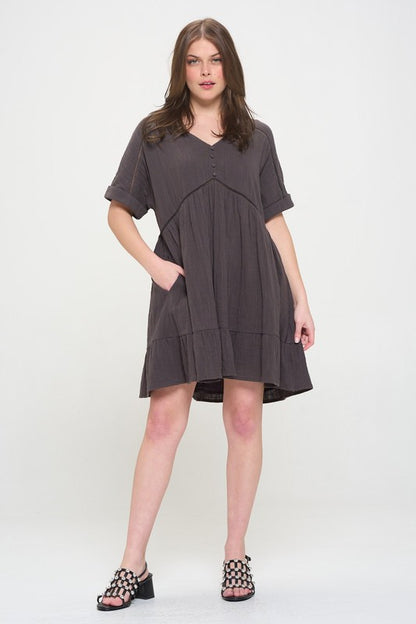 Textured Short Sleeve Button Down Knee Length Dress