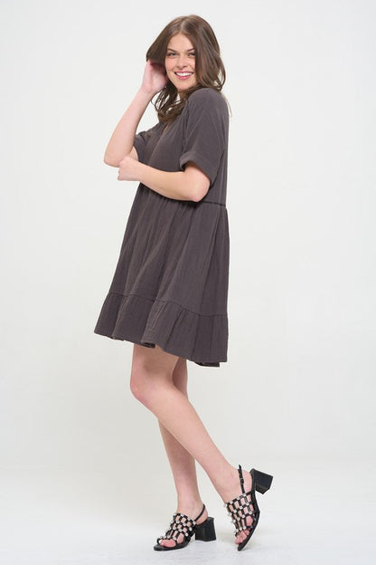 Textured Short Sleeve Button Down Knee Length Dress