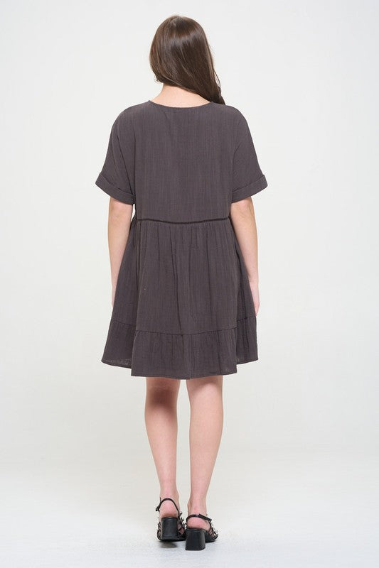 Textured Short Sleeve Button Down Knee Length Dress