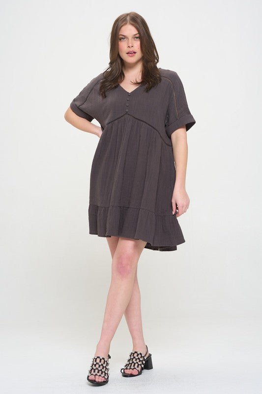 Textured Short Sleeve Button Down Knee Length Dress