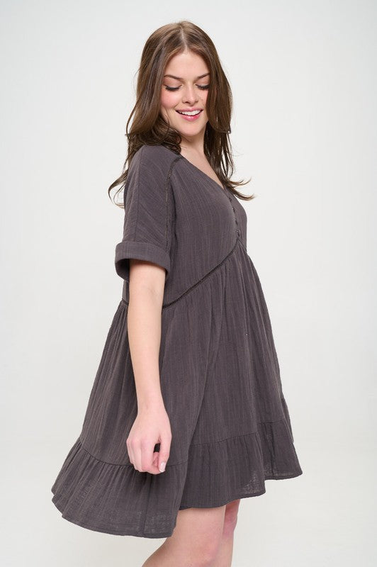 Textured Short Sleeve Button Down Knee Length Dress