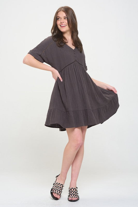 Textured Short Sleeve Button Down Knee Length Dress