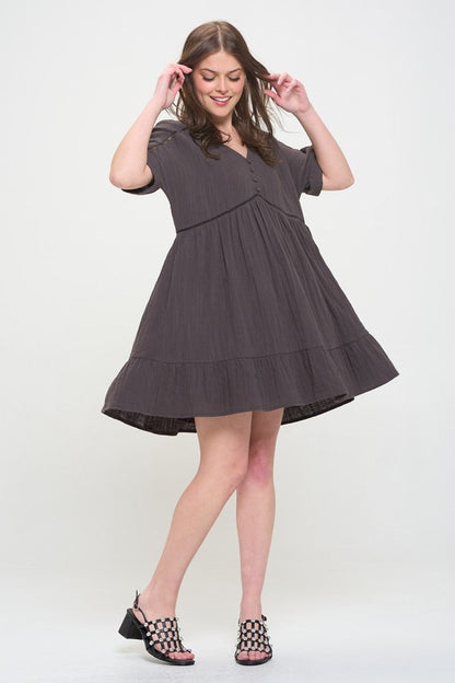 Textured Short Sleeve Button Down Knee Length Dress