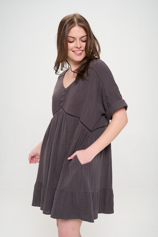 Textured Short Sleeve Button Down Knee Length Dress