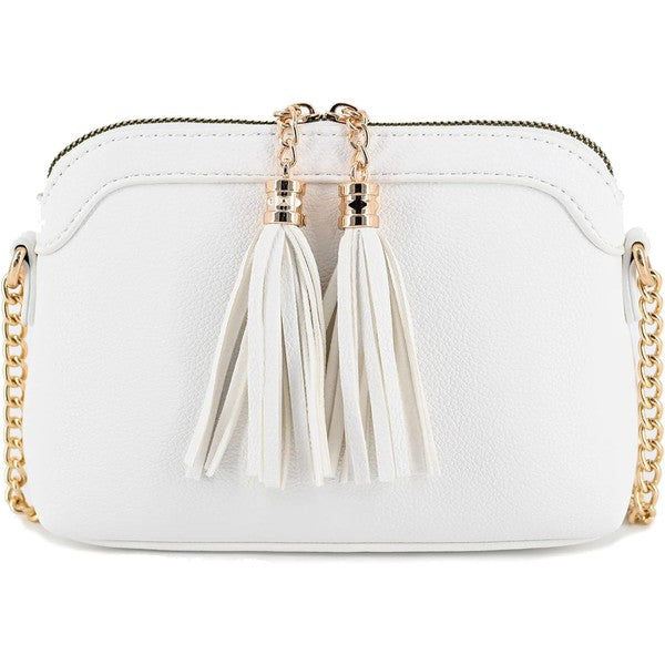 White one Tassel Small Crossbody Bag with Chain Strap | Trendy Crossbody Bags Outfit Idea for Women by Ro + Ivy | Elevated Basics, Modern Comfort & Style