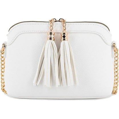 White one Tassel Small Crossbody Bag with Chain Strap | Trendy Crossbody Bags Outfit Idea for Women by Ro + Ivy | Elevated Basics, Modern Comfort & Style