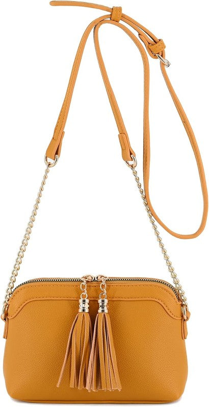 MUSTARD one Tassel Small Crossbody Bag with Chain Strap | Trendy Crossbody Bags Outfit Idea for Women by Ro + Ivy | Elevated Basics, Modern Comfort & Style