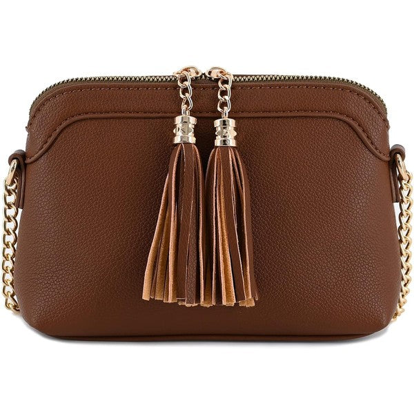 Brown one Tassel Small Crossbody Bag with Chain Strap | Trendy Crossbody Bags Outfit Idea for Women by Ro + Ivy | Elevated Basics, Modern Comfort & Style
