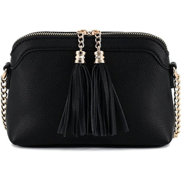 BLACK one Tassel Small Crossbody Bag with Chain Strap | Trendy Crossbody Bags Outfit Idea for Women by Ro + Ivy | Elevated Basics, Modern Comfort & Style