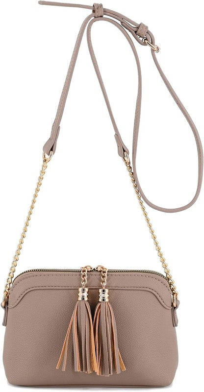 TAUPE one Tassel Small Crossbody Bag with Chain Strap | Trendy Crossbody Bags Outfit Idea for Women by Ro + Ivy | Elevated Basics, Modern Comfort & Style