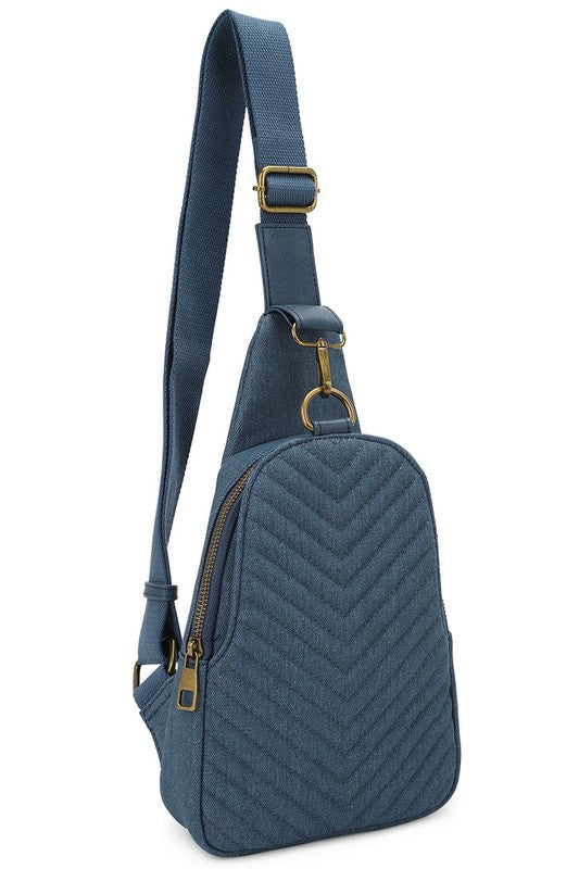 Blue one Faux Vegan Leather Chevron Quilted Denim Sling Backpack | Trendy Backpacks Outfit Idea for Women by Ro + Ivy | Elevated Basics, Modern Comfort & Style