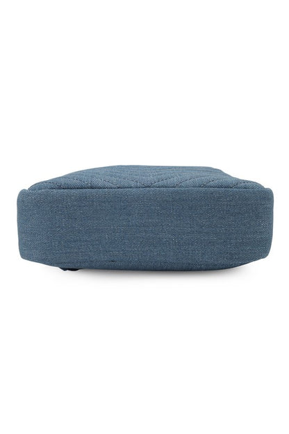 Faux Vegan Leather Chevron Quilted Denim Sling Backpack | Trendy Backpacks Outfit Idea for Women by Ro + Ivy | Elevated Basics, Modern Comfort & Style