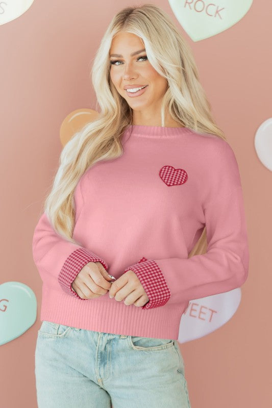 Light Pink Gingham Cuffed Crew Neck Pink Heart Sweater | Trendy Sweaters Outfit Idea for Women by Ro + Ivy | Elevated Basics, Modern Comfort & Style