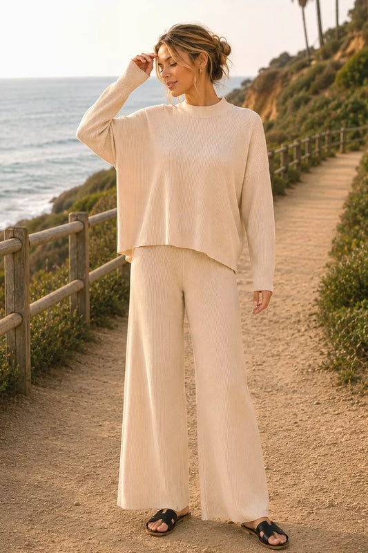 Women's Viscose Sweater Top and Pants Set LT BEIGE