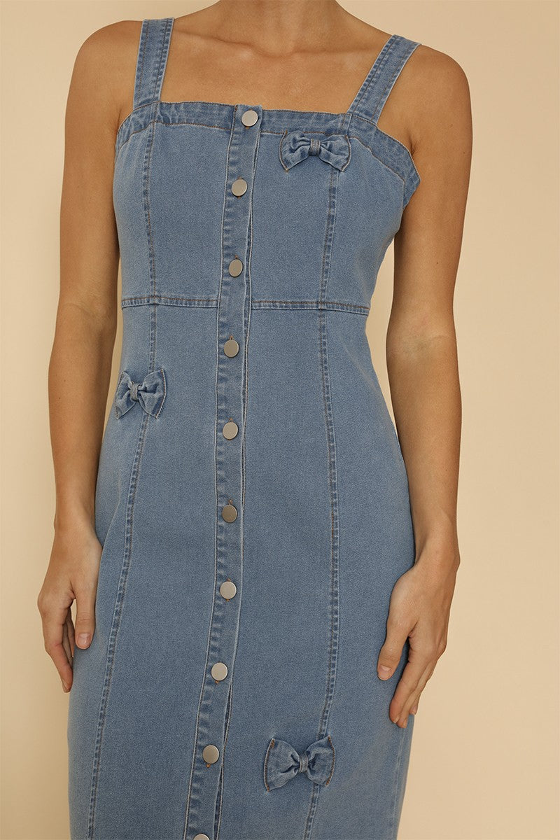 Button Front Self-Bow Detail Midi Denim Dress — Classic Feminine Casual Everyday Style - Midi Dresses