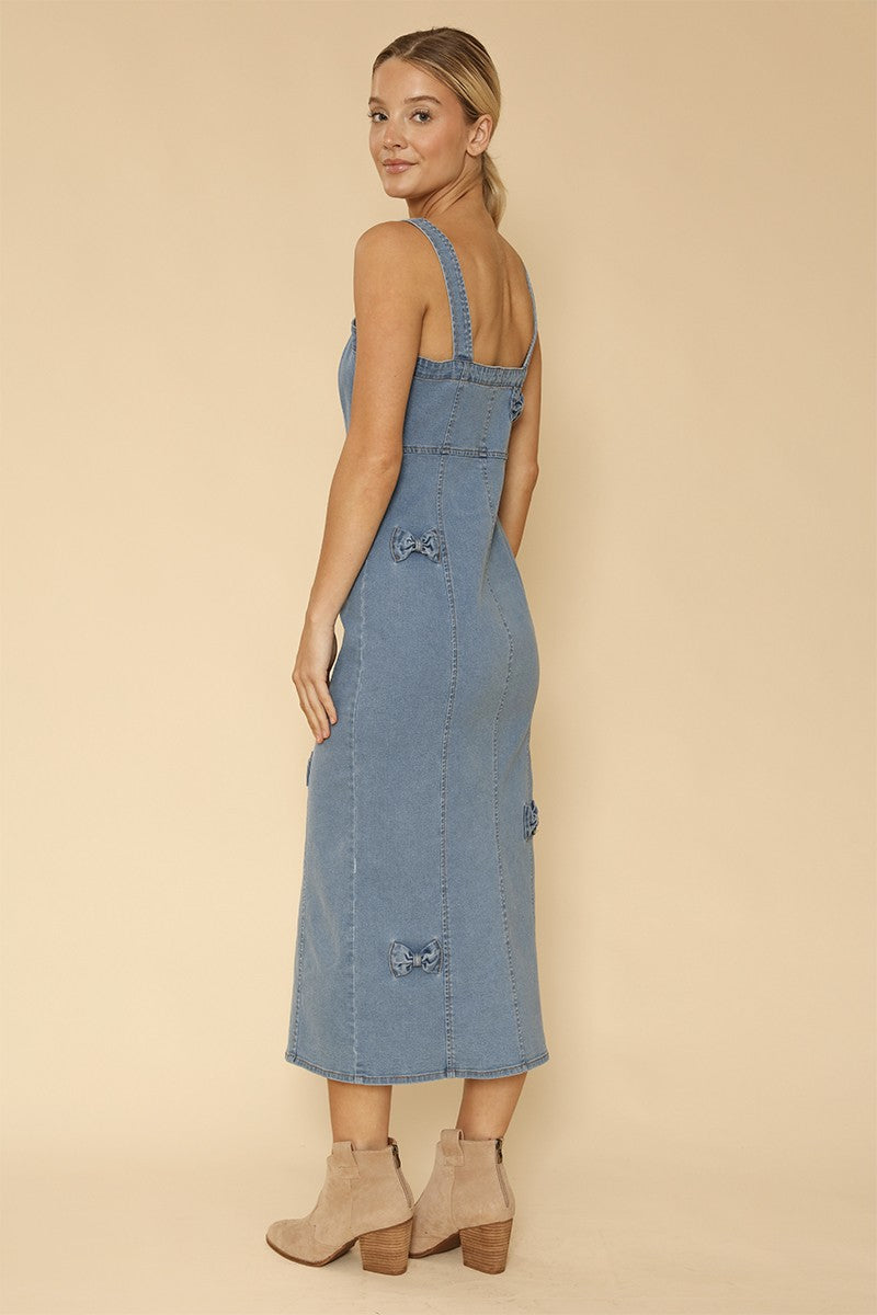 Button Front Self-Bow Detail Midi Denim Dress — Classic Feminine Casual Everyday Style - Midi Dresses