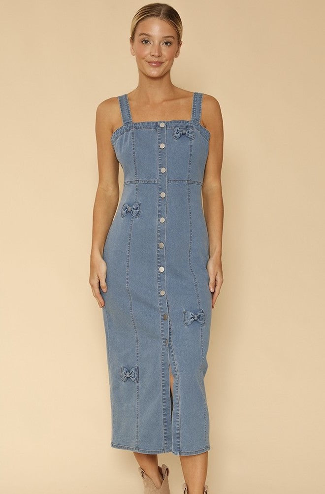 Button Front Self-Bow Detail Midi Denim Dress — Classic Feminine Casual Everyday Style - Midi Dresses