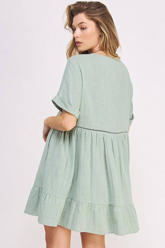 Textured Short Sleeve Button Down Knee Length Dress