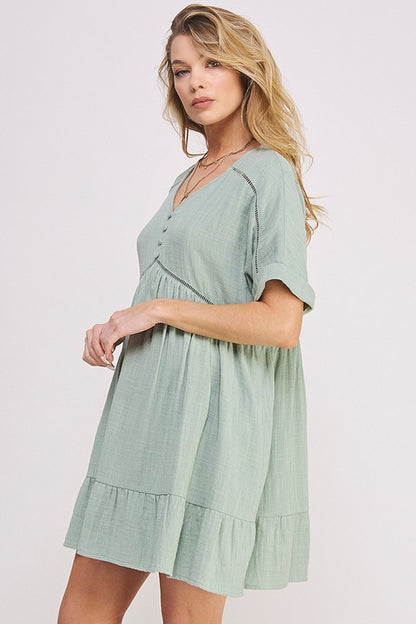 Textured Short Sleeve Button Down Knee Length Dress