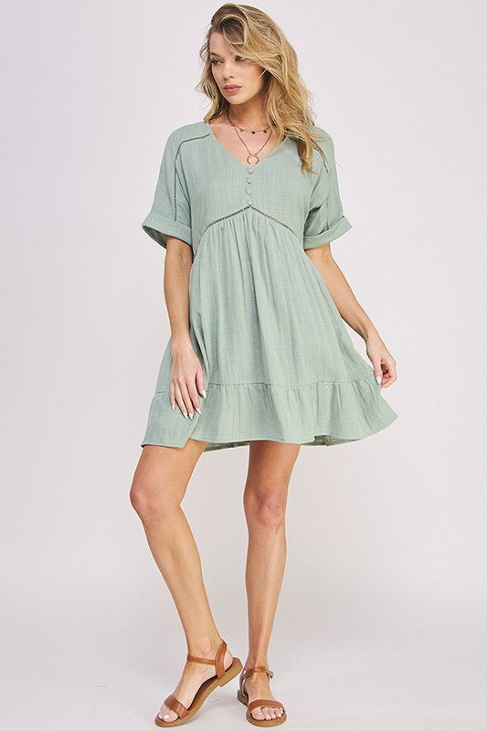 Textured Short Sleeve Button Down Knee Length Dress