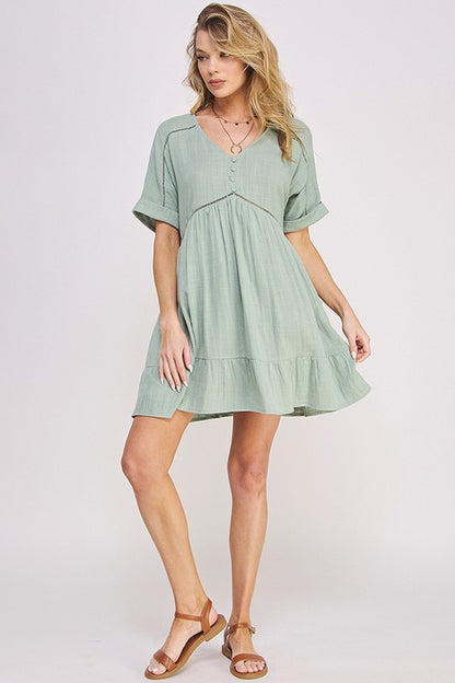 Textured Short Sleeve Button Down Knee Length Dress