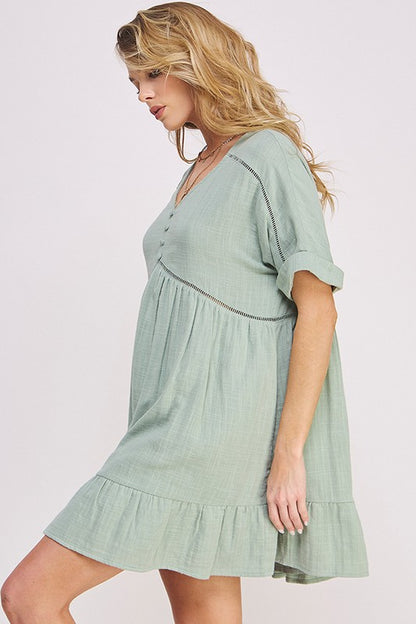 Textured Short Sleeve Button Down Knee Length Dress