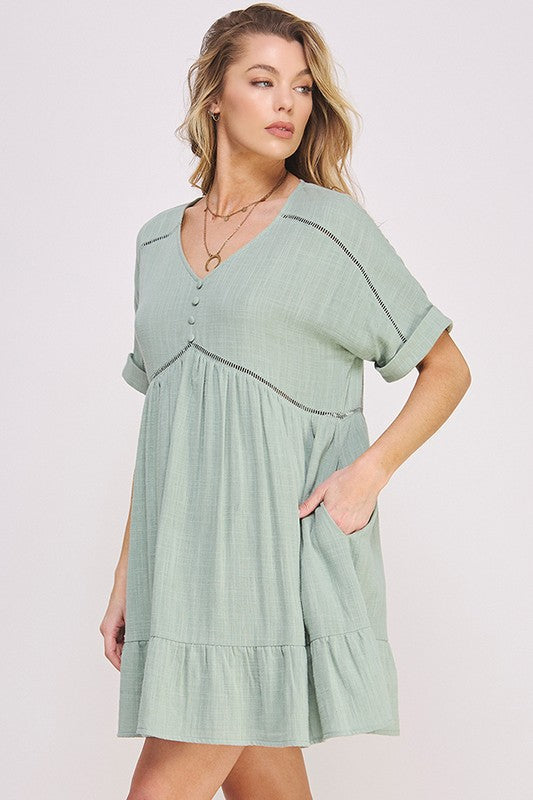 Textured Short Sleeve Button Down Knee Length Dress