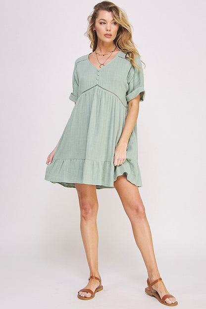 Textured Short Sleeve Button Down Knee Length Dress