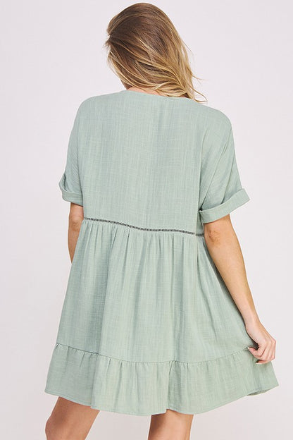 Textured Short Sleeve Button Down Knee Length Dress