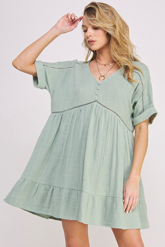 Textured Short Sleeve Button Down Knee Length Dress