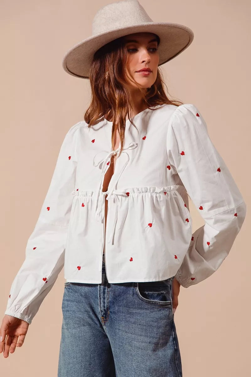 Front Tie Heart Embroidered Blouse With Puff Sleeve - Blouses
