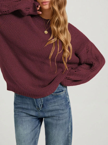 Textured Knit Openwork Sleeves Sweater Red