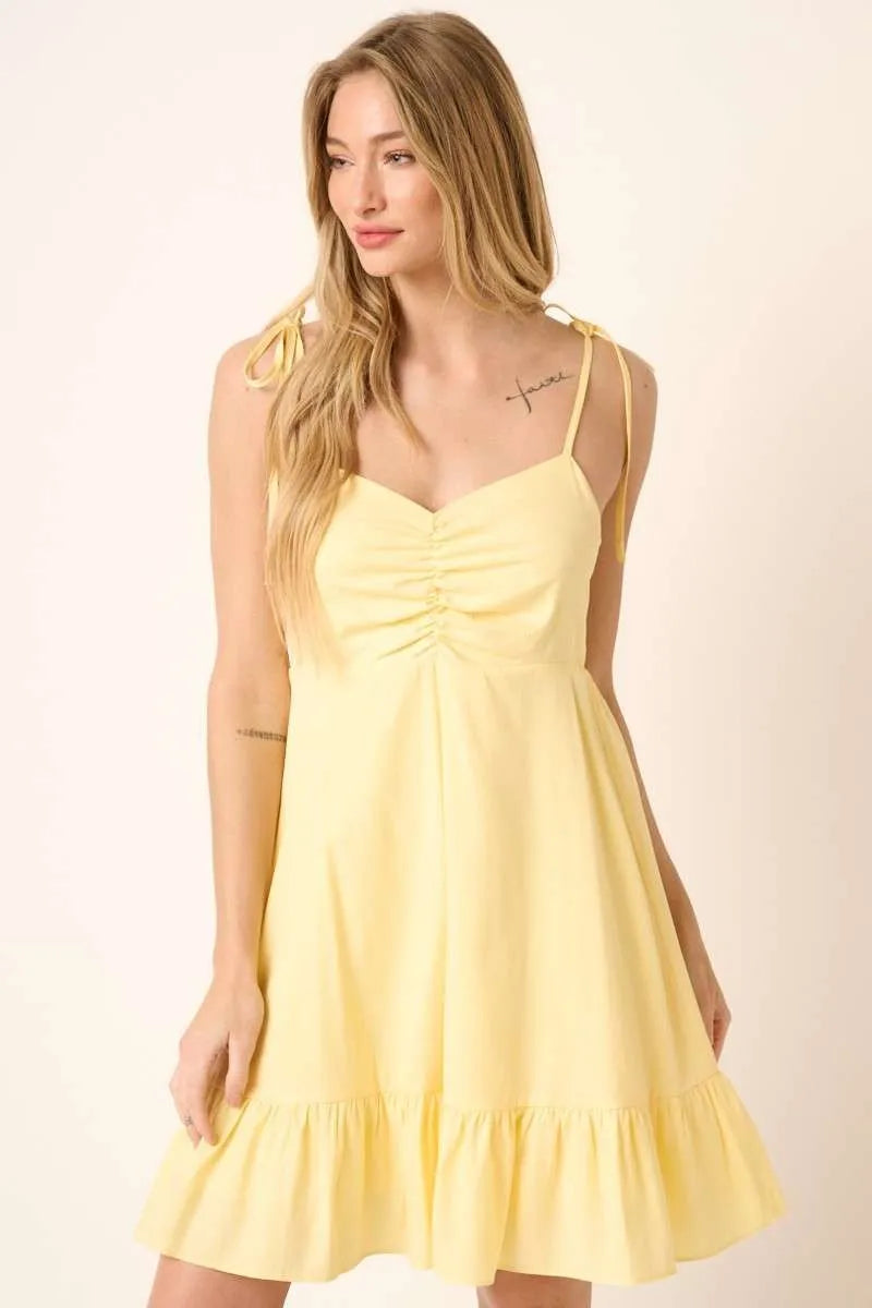 Ruched Spaghetti Strap Cotton Mini Dress - YELLOW Mini Dresses