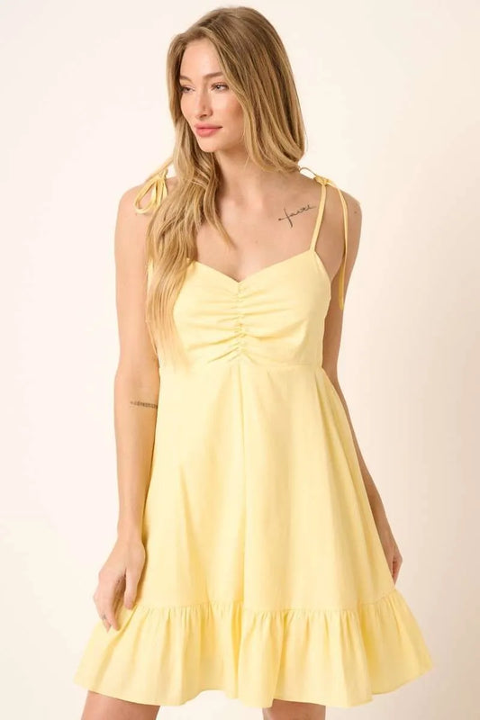 Ruched Spaghetti Strap Cotton Mini Dress - YELLOW Mini Dresses