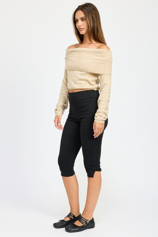 Off Shoulder Fold-Over Long Sleeve Top - Ro + Ivy