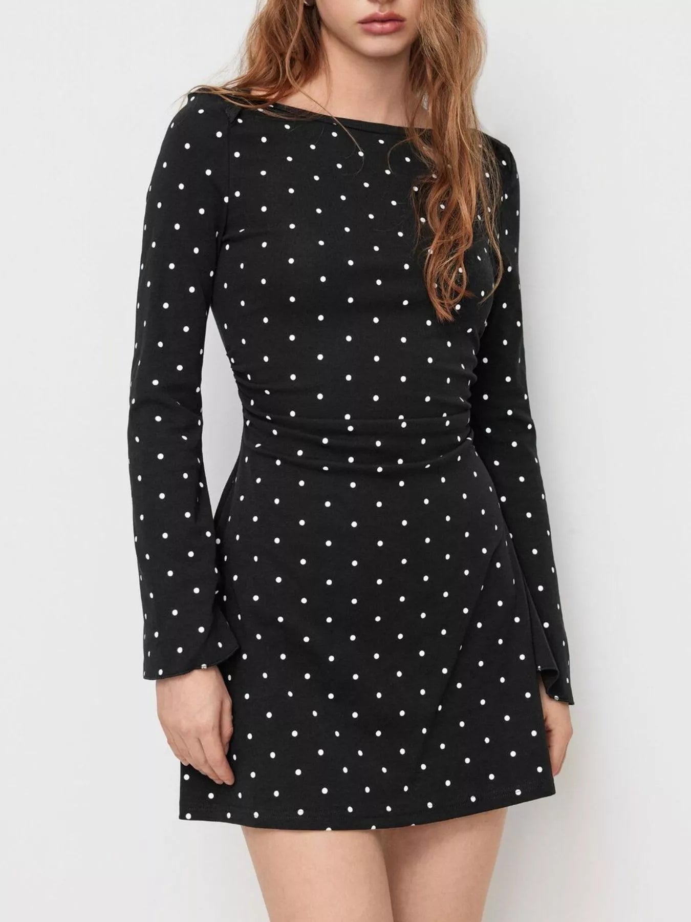 Polka Dot Boat Neck Flare Sleeves Mini Dress