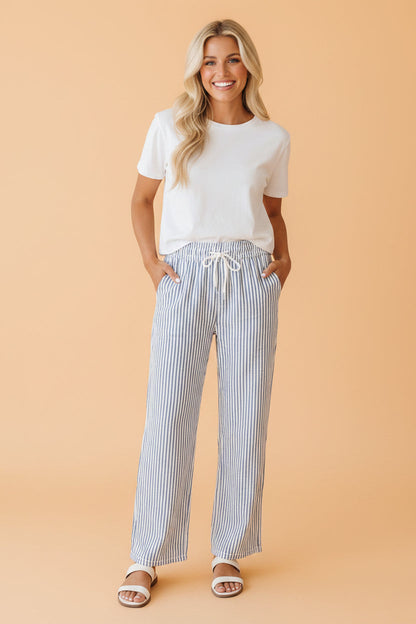 Striped Drawstring Elastic Waist Flowy Wide Leg Pants — Comfortable Summer Style - Blue Stripe Bottoms/Pants & Culotte