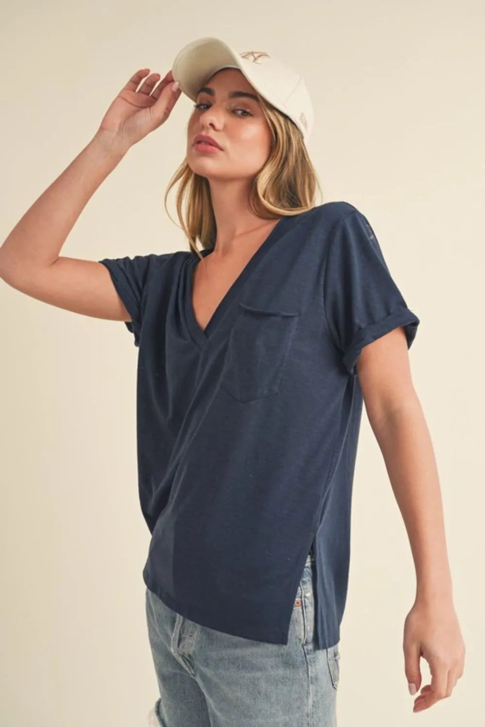 V-Neck Side Slit Short Sleeve T-Shirt in Dark Navy | Trendy T-Shirts Outfit Idea for Women by Ro + Ivy | Elevated Basics, Modern Comfort & Style