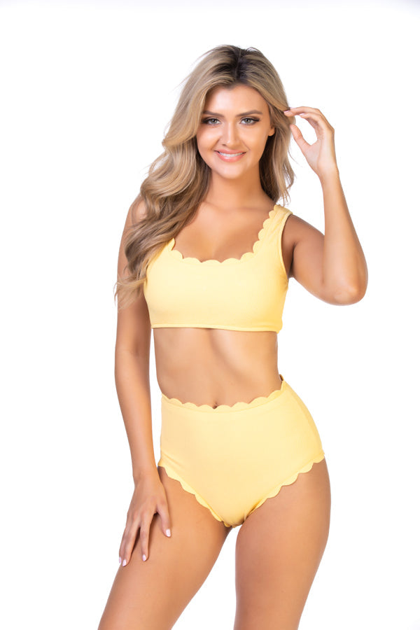 Solid Yellow Textured Scallop High Waist Bikini Set - L Bikini