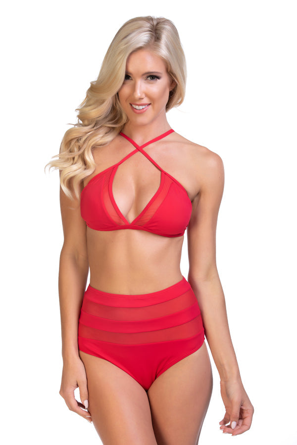 Solid Red Mesh Halter High Waist Bikini Set - Bikini