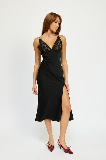 Satin Lace Cami Midi Dress With Slit – outfit idea for women | Ro + Ivy