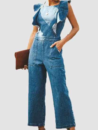 Women's Ruffled Sleeveless Denim Jumpsuit - Medium Jumpsuits