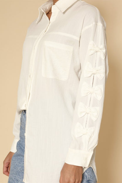 Bow Detail Sleeve Button-Down Shirt - Ro + Ivy