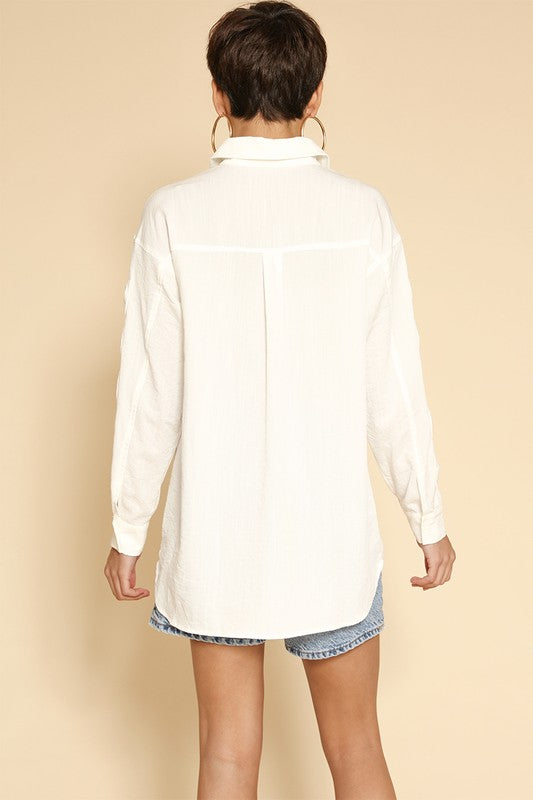 Bow Detail Sleeve Button-Down Shirt - Ro + Ivy