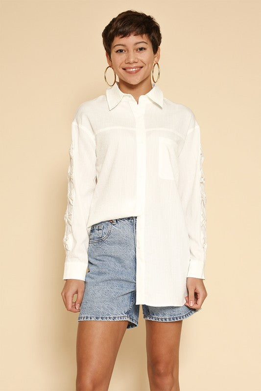 Bow Detail Sleeve Button-Down Shirt - Ro + Ivy