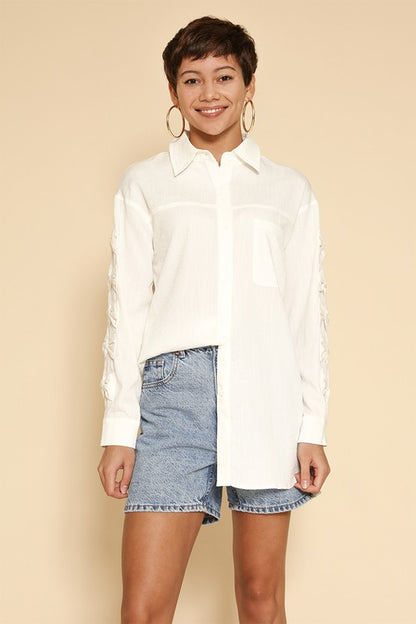 Bow Detail Sleeve Button-Down Shirt - Ro + Ivy